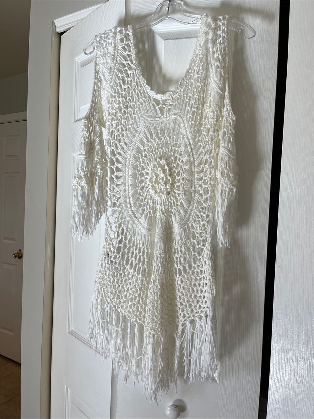 Cupshe White Off-the-Shoulder Crochet Fringe Sweater